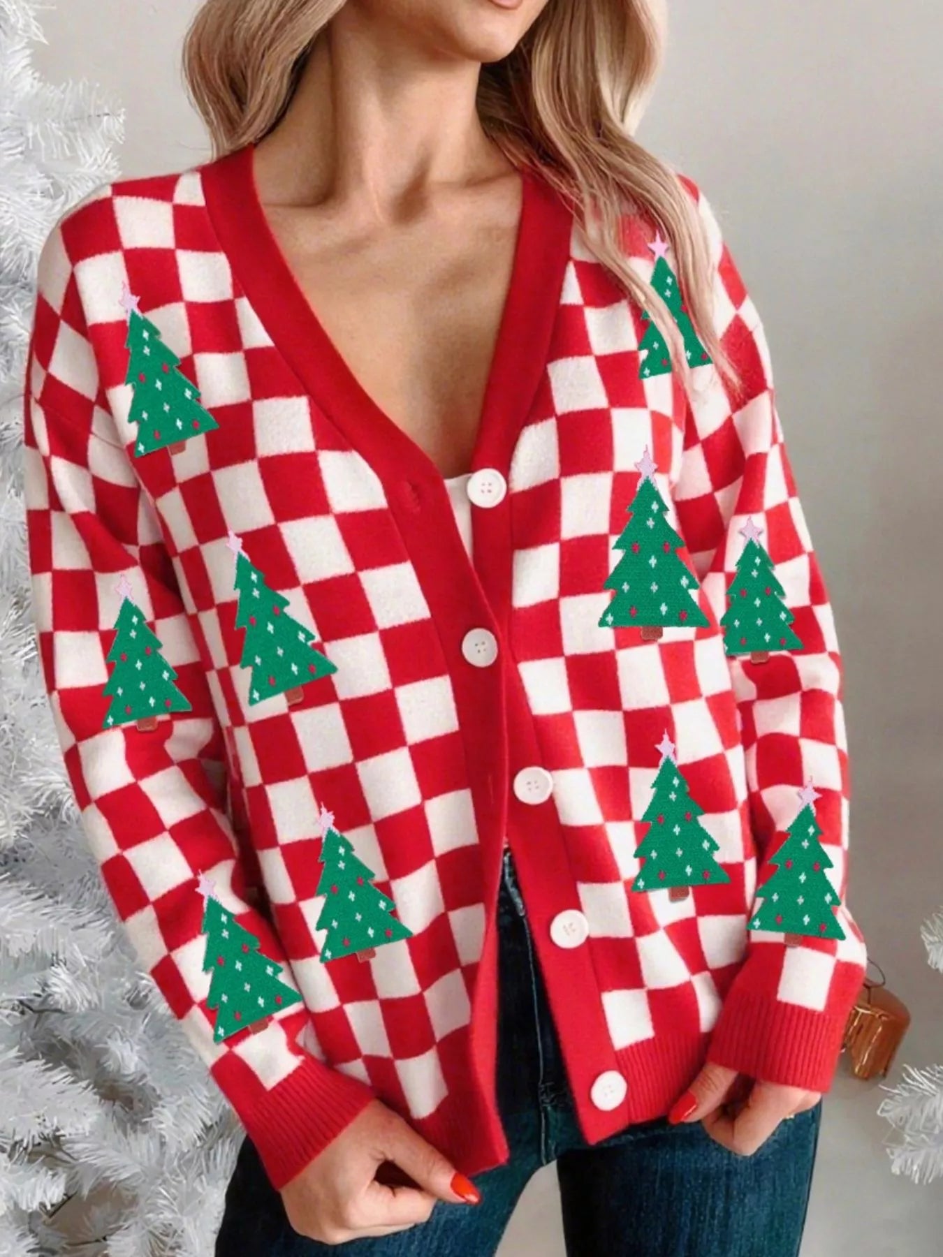 Trendsi Deep Red / S Christmas Tree Pattern Checkered Button V Neck Cardigan