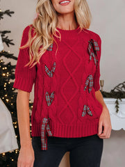 Trendsi Deep Red / S Plaid Lace Up Detail Christmas Holiday Puff Short Sleeve Sweater