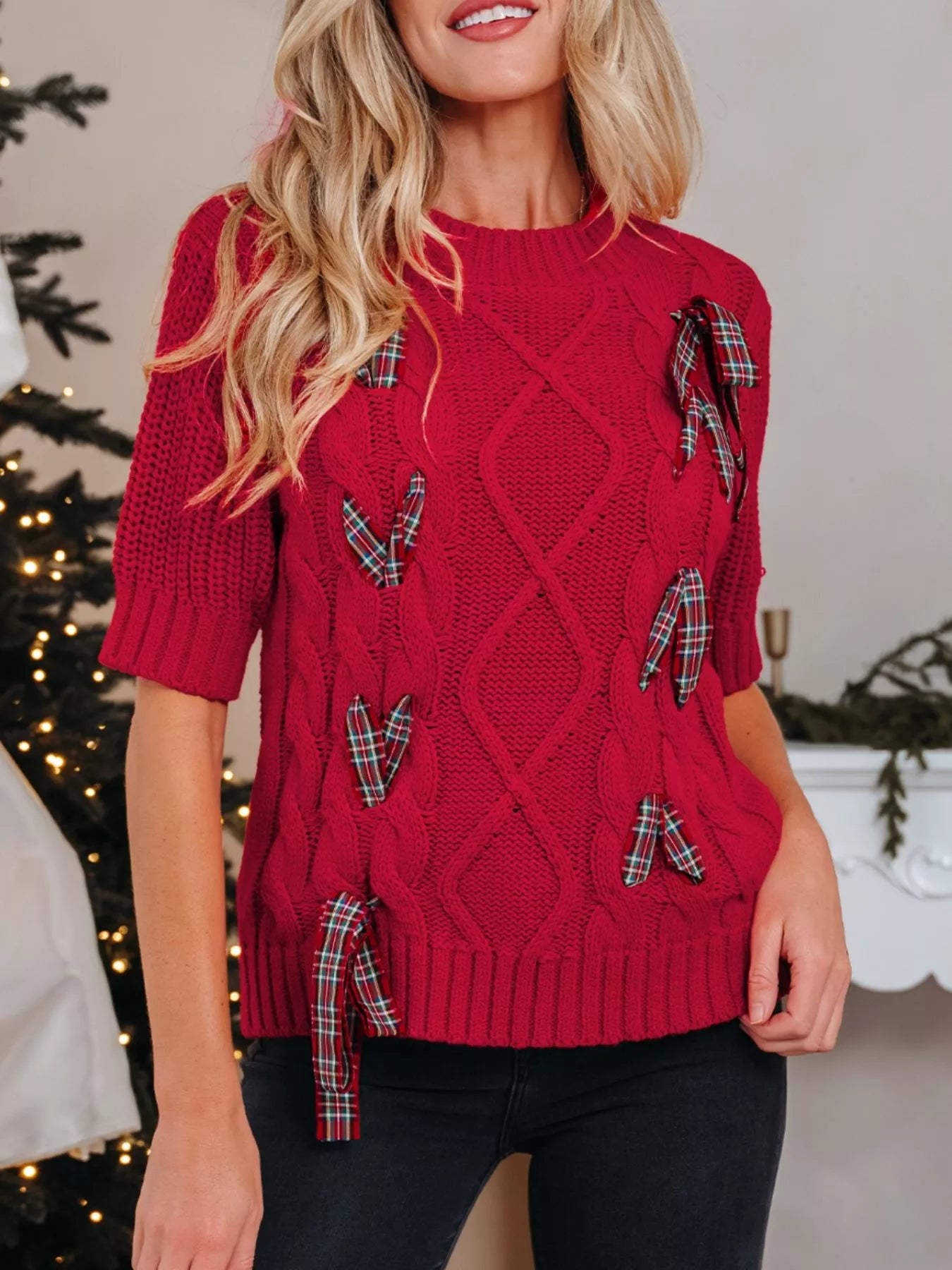Trendsi Deep Red / S Plaid Lace Up Detail Christmas Holiday Puff Short Sleeve Sweater