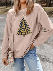 Trendsi Eggshell / S Leopard Christmas Tree Graphic Corded Sweatshirt
