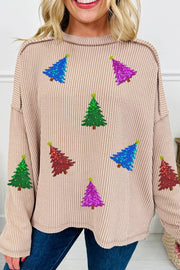Trendsi Eggshell / S Sequin Christmas Tree Exposed Seam Drop Shoulder Ribbed Long Sleeve Top