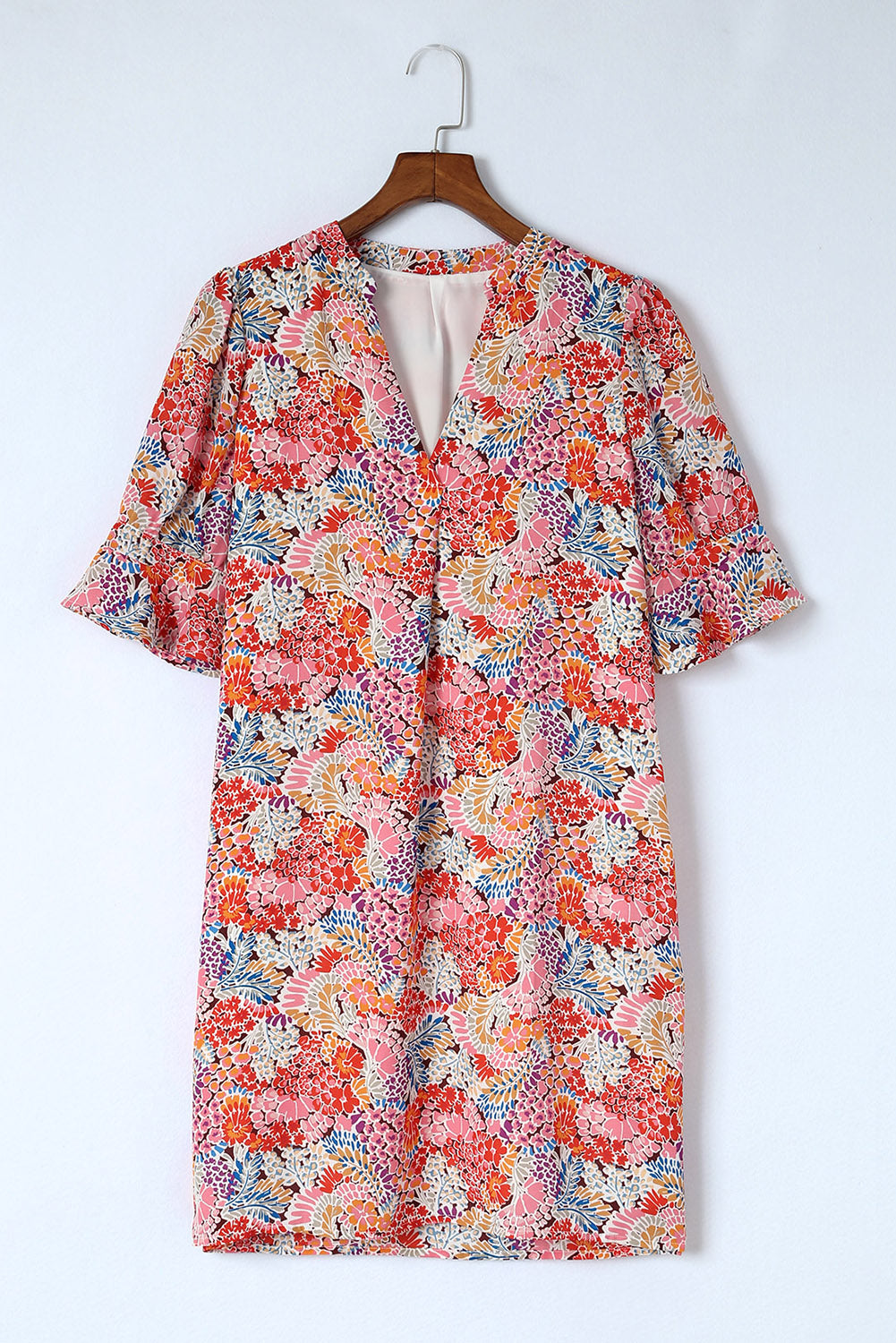 Trendsi Floral Notched Neck Flounce Sleeve Shift Dress