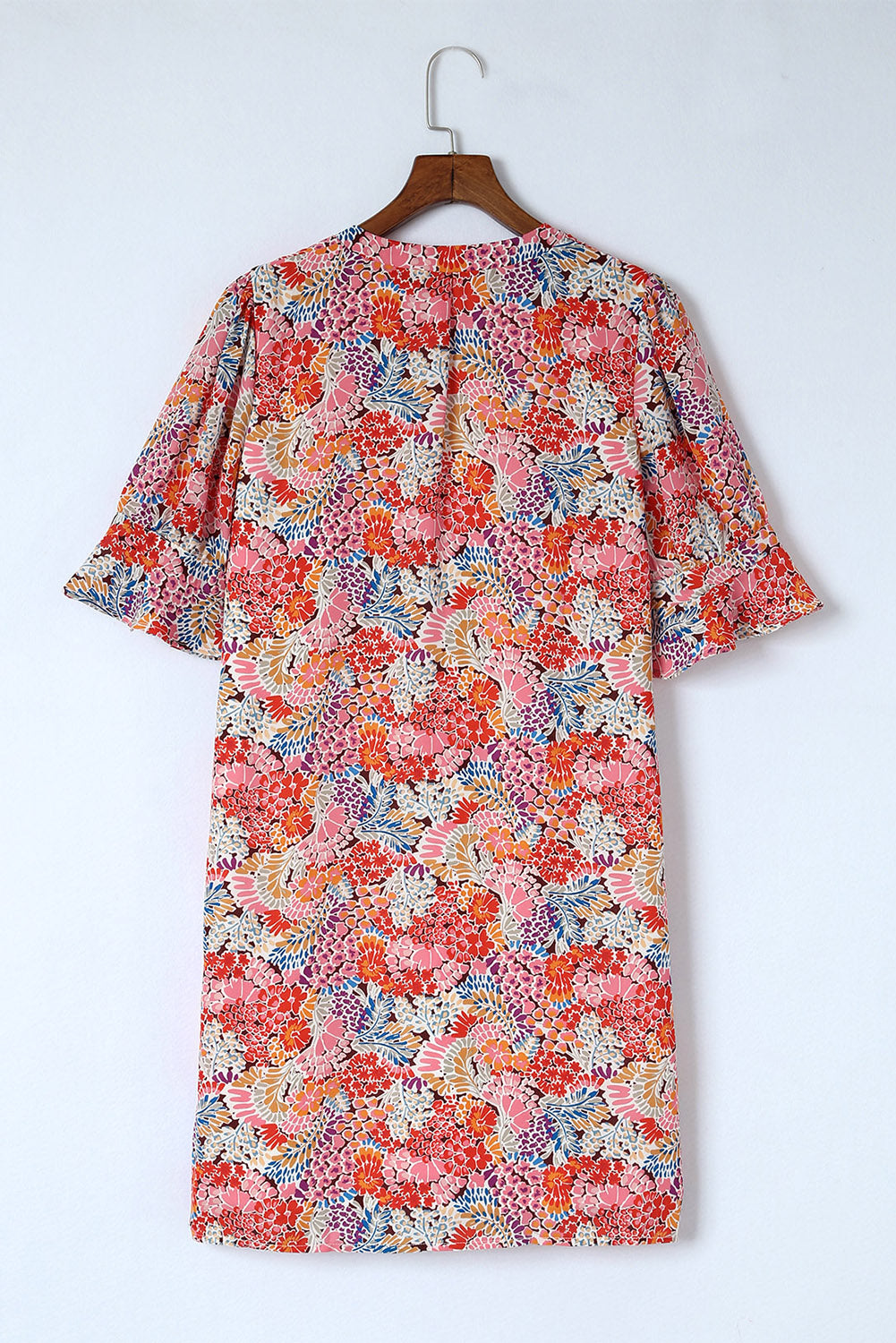 Trendsi Floral Notched Neck Flounce Sleeve Shift Dress