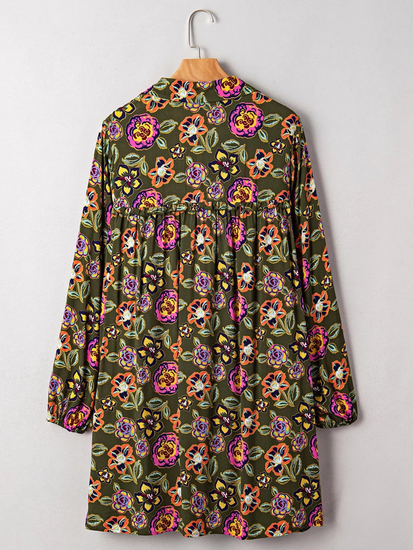 Trendsi Floral Print Split Neck Bubble Sleeve Shift Mini Dress