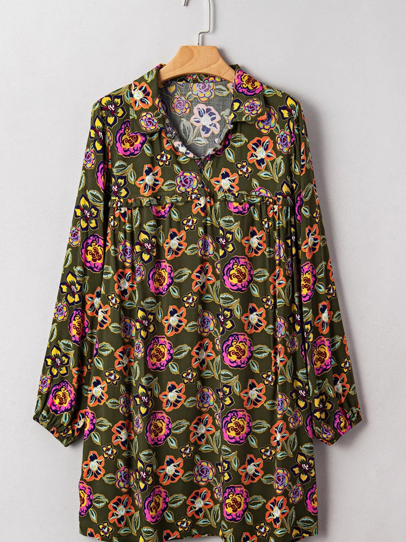 Trendsi Floral Print Split Neck Bubble Sleeve Shift Mini Dress