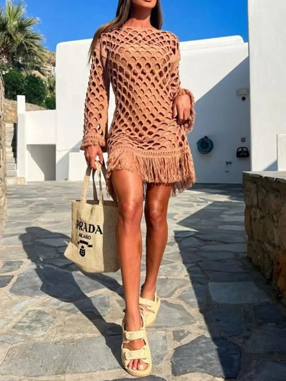 Trendsi Fringe Cutout Long Sleeve Cover Up