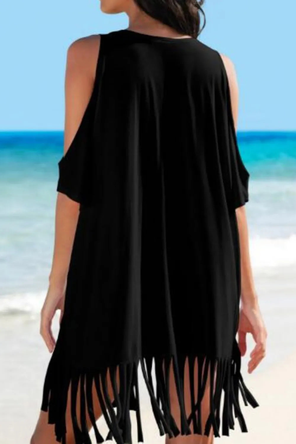 Trendsi Fringe V-Neck Cold Shoulder Cover Up