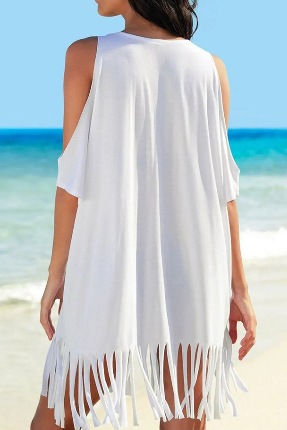 Trendsi Fringe V-Neck Cold Shoulder Cover Up