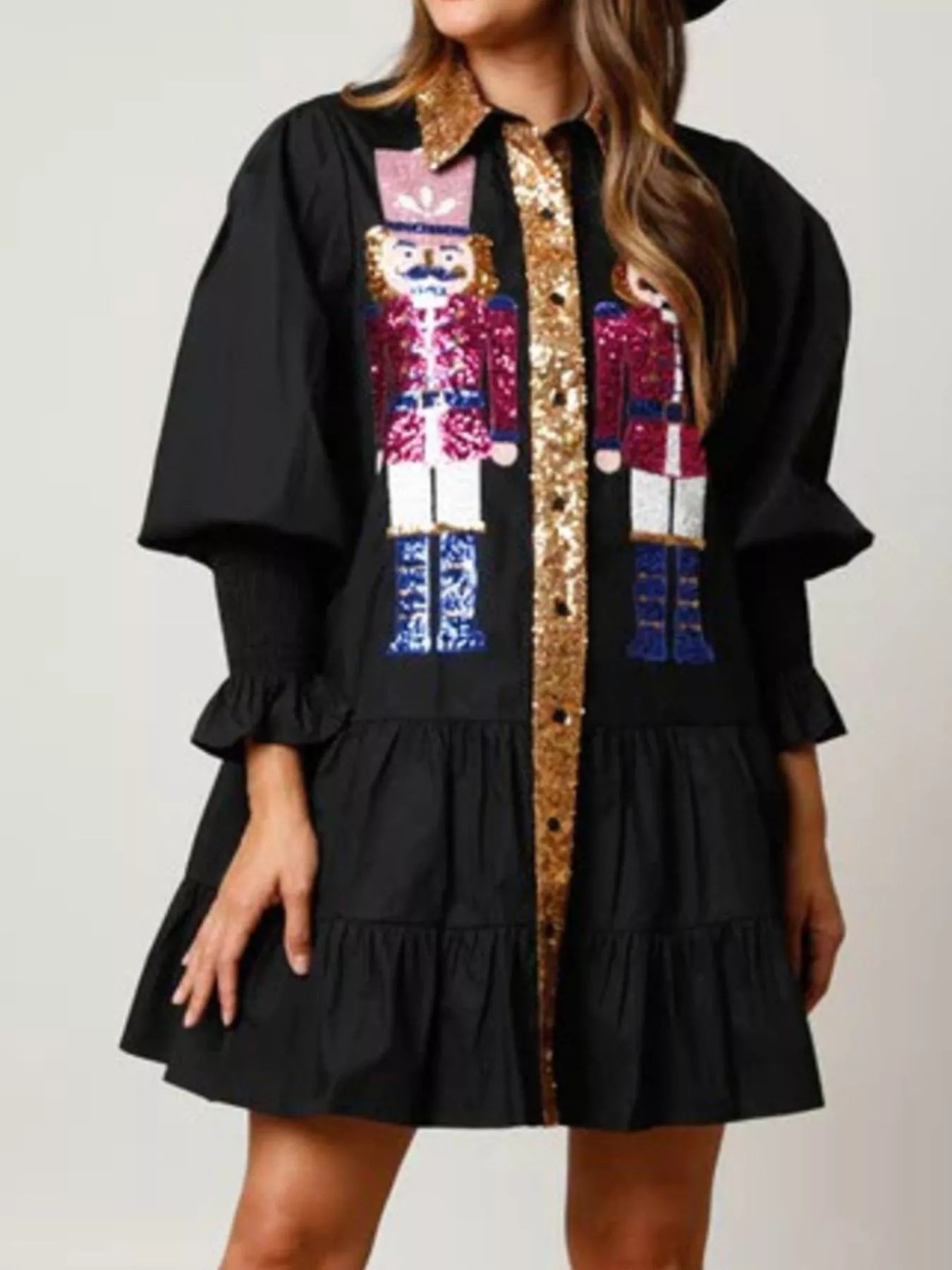 Trendsi Full Size Christmas Sequin Nutcracker Tiered Shirt Dress Plus Size
