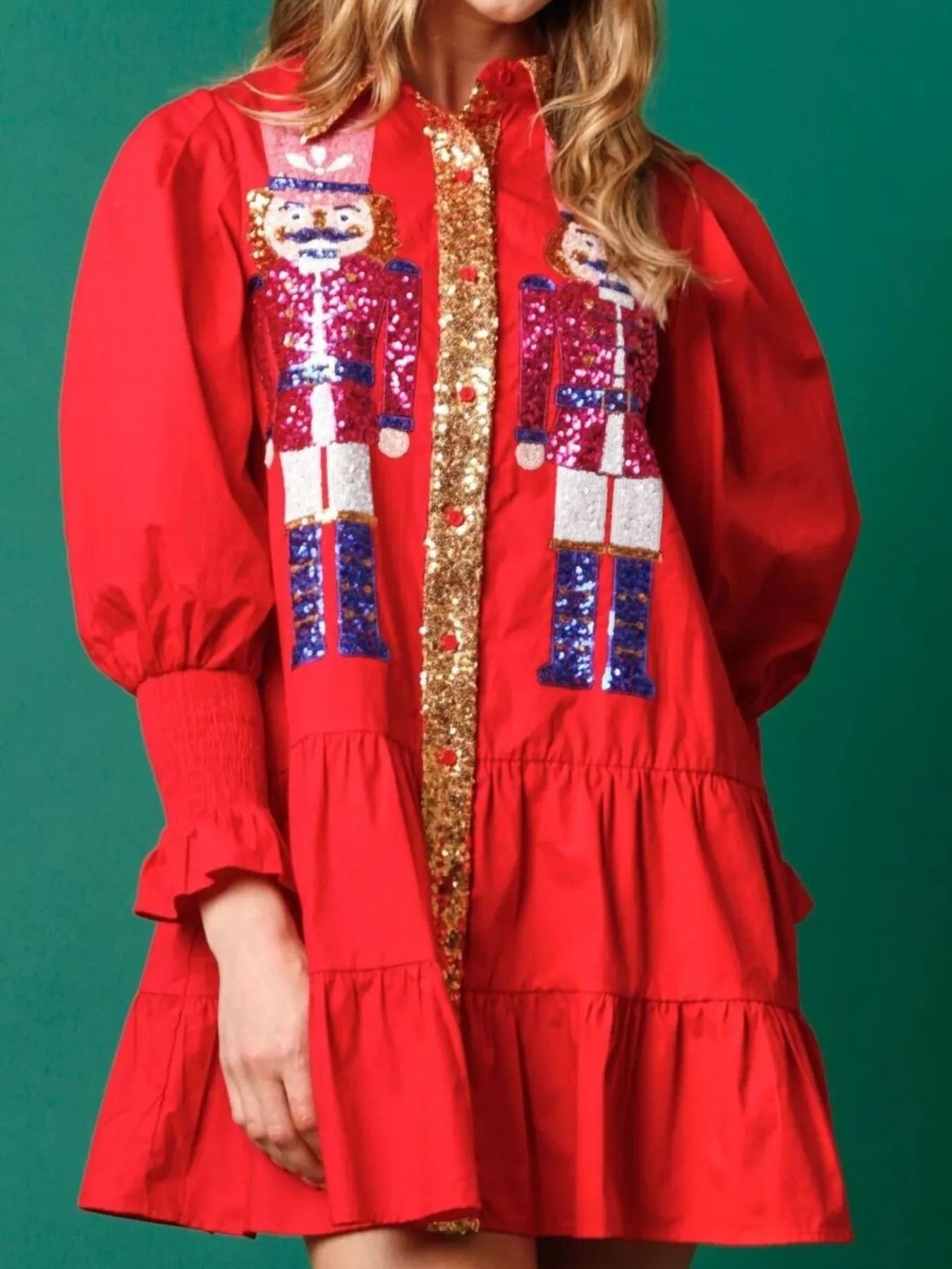 Trendsi Full Size Christmas Sequin Nutcracker Tiered Shirt Dress Plus Size