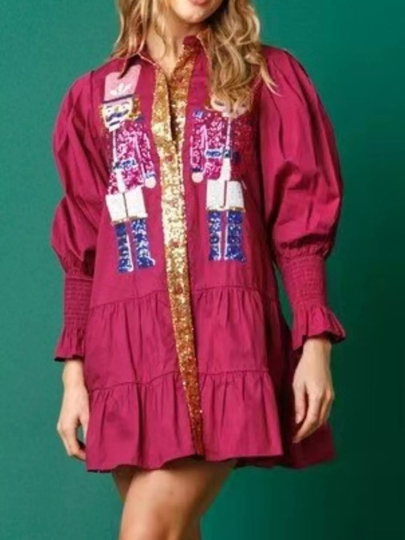 Trendsi Full Size Christmas Sequin Nutcracker Tiered Shirt Dress Plus Size