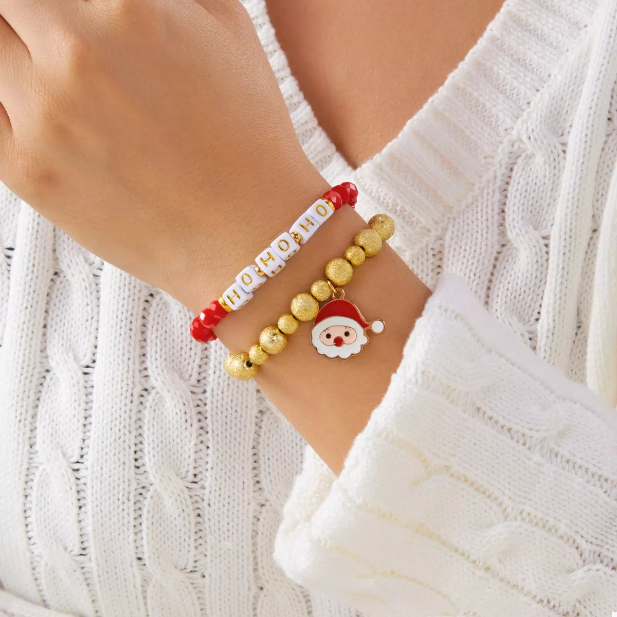 Trendsi Gold / One Size 2 Piece Christmas Santa Beaded Bracelet