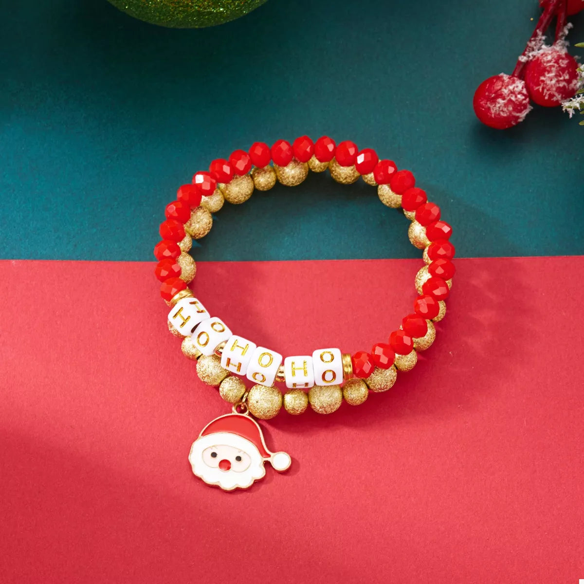 Trendsi Gold / One Size 2 Piece Christmas Santa Beaded Bracelet