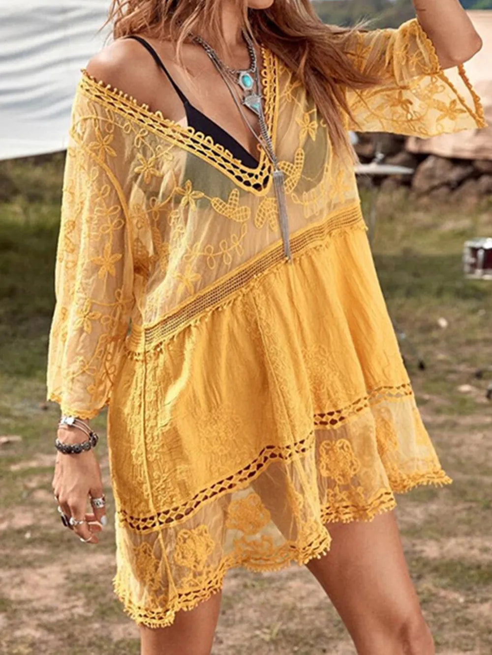 Trendsi Gold / One Size Lace Detail Plunge Cover-Up Dress