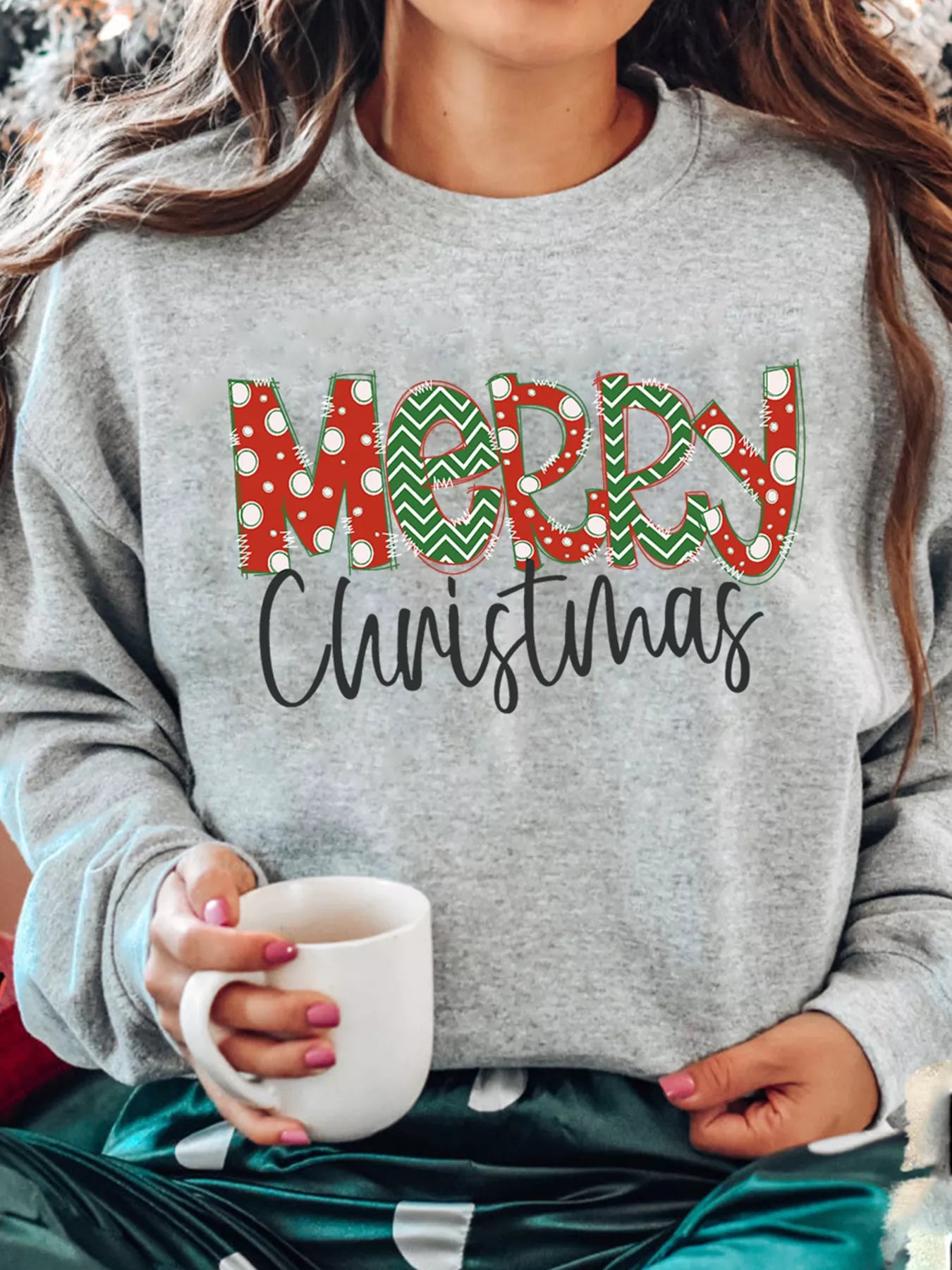 Trendsi Gray / S Merry Christmas Festive Letter Print Drop Shoulder Sweatshirt