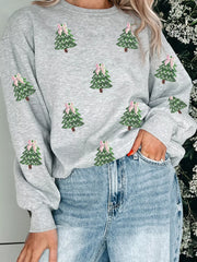 Trendsi Gray / S Sequined Christmas Tree Patched Patterned Holiday Pullover Sweatshirt