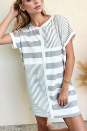 Trendsi Gray / S Stripe Mixed Short Sleeve Shift Mini Tee Dress
