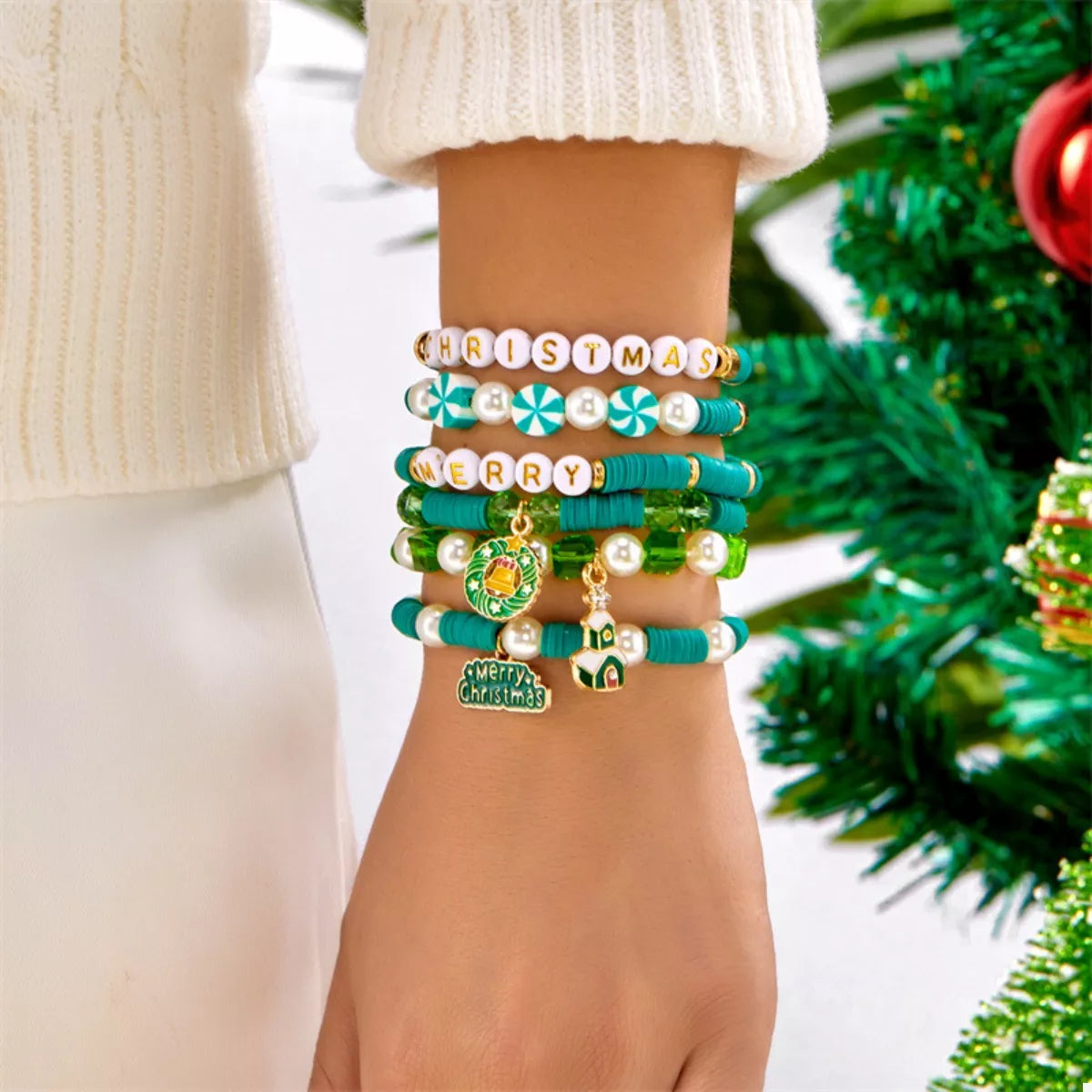 Trendsi Green / One Size 6-Piece Christmas Beaded Bracelet with Pearl Accents