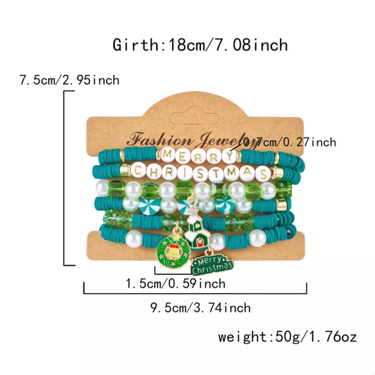 Trendsi Green / One Size 6-Piece Christmas Beaded Bracelet with Pearl Accents