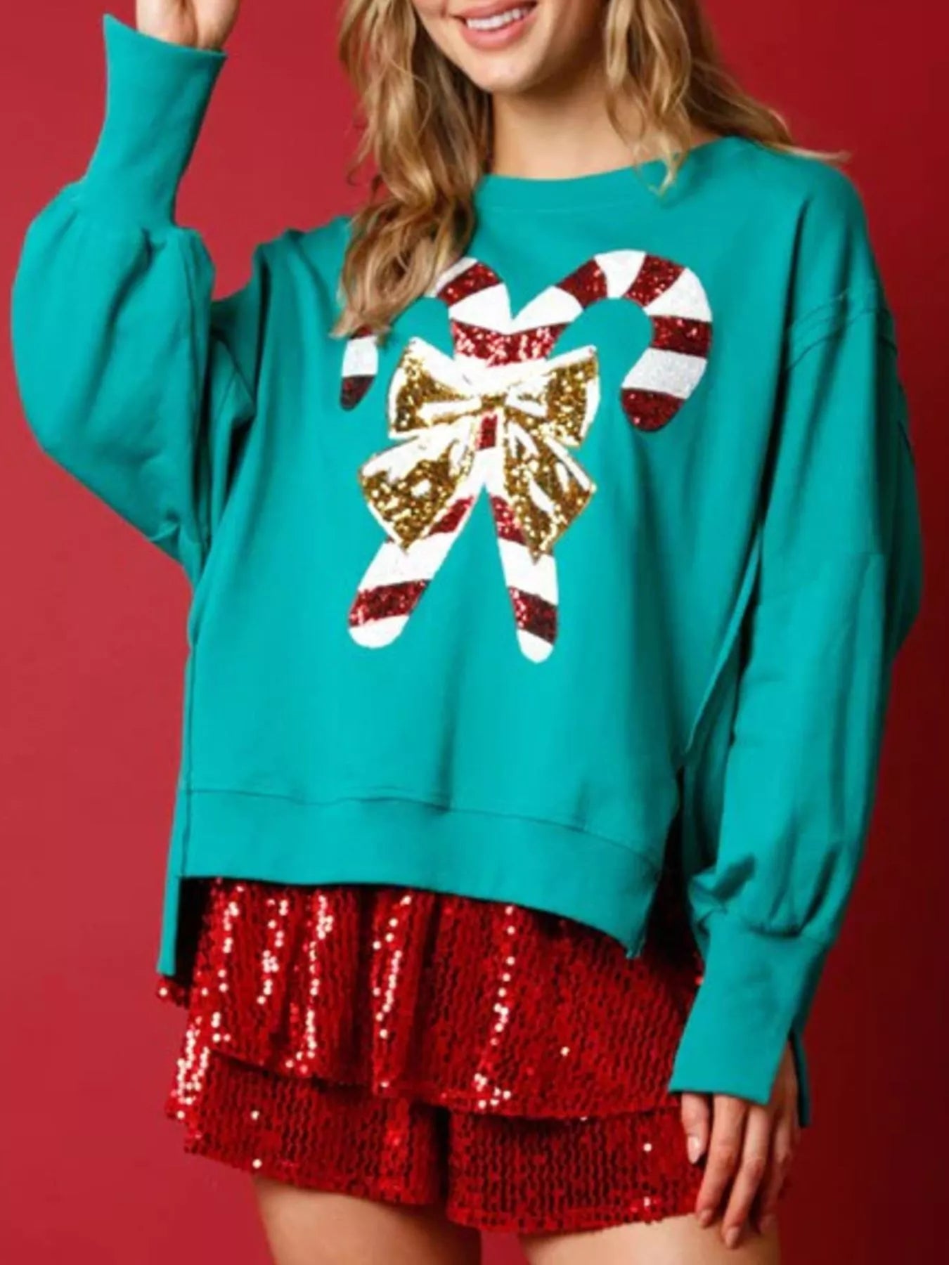 Trendsi Green / S Christmas Candy Cane Bow Dropped Shoulder Sweatshirt