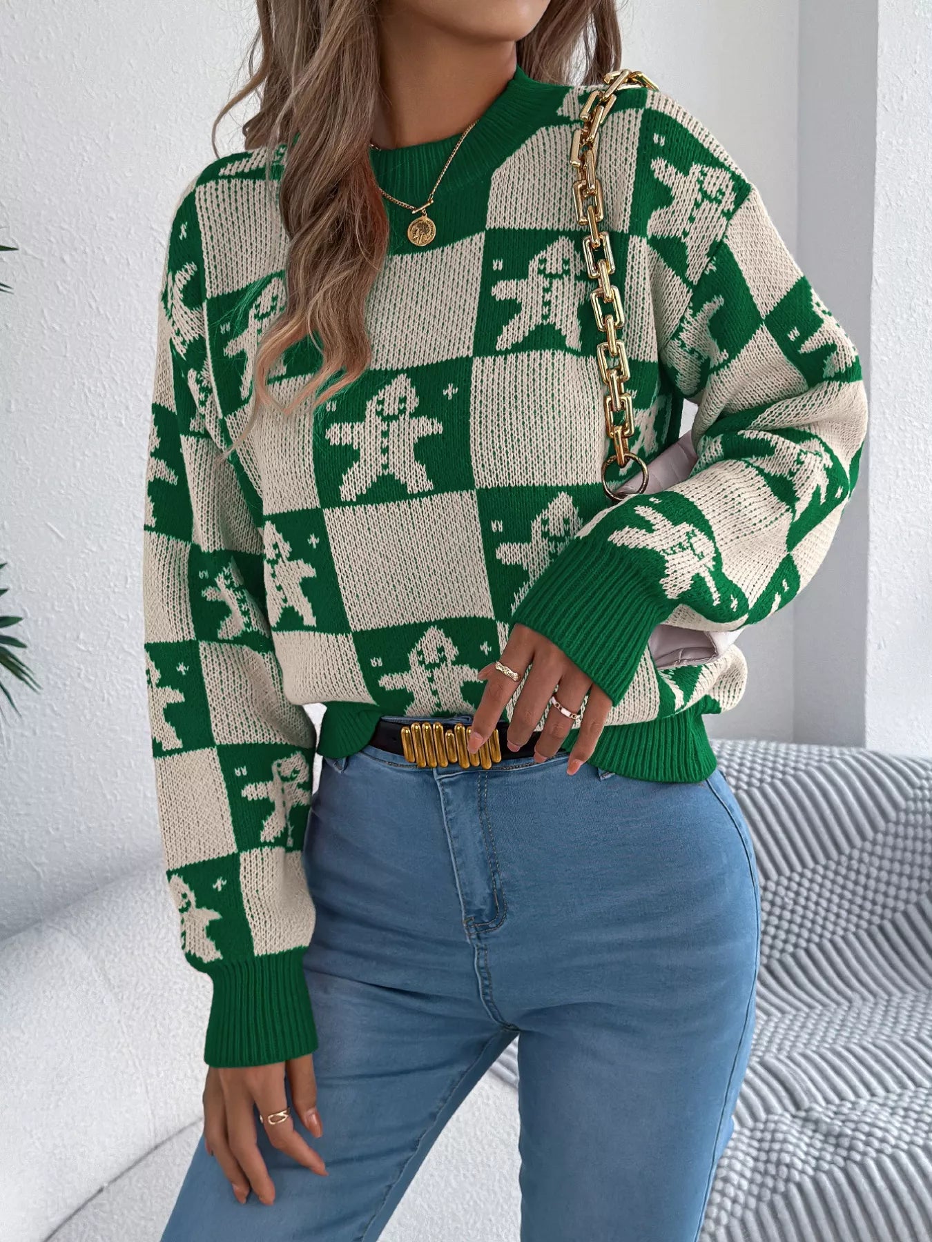 Trendsi Green / S Christmas Checkerboard Gingerbread Round Neck Sweater