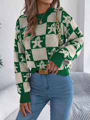 Trendsi Green / S Christmas Checkerboard Gingerbread Round Neck Sweater