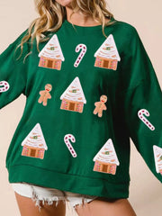 Trendsi Green / S Christmas Gingerbread House Sequin Sweatshirt