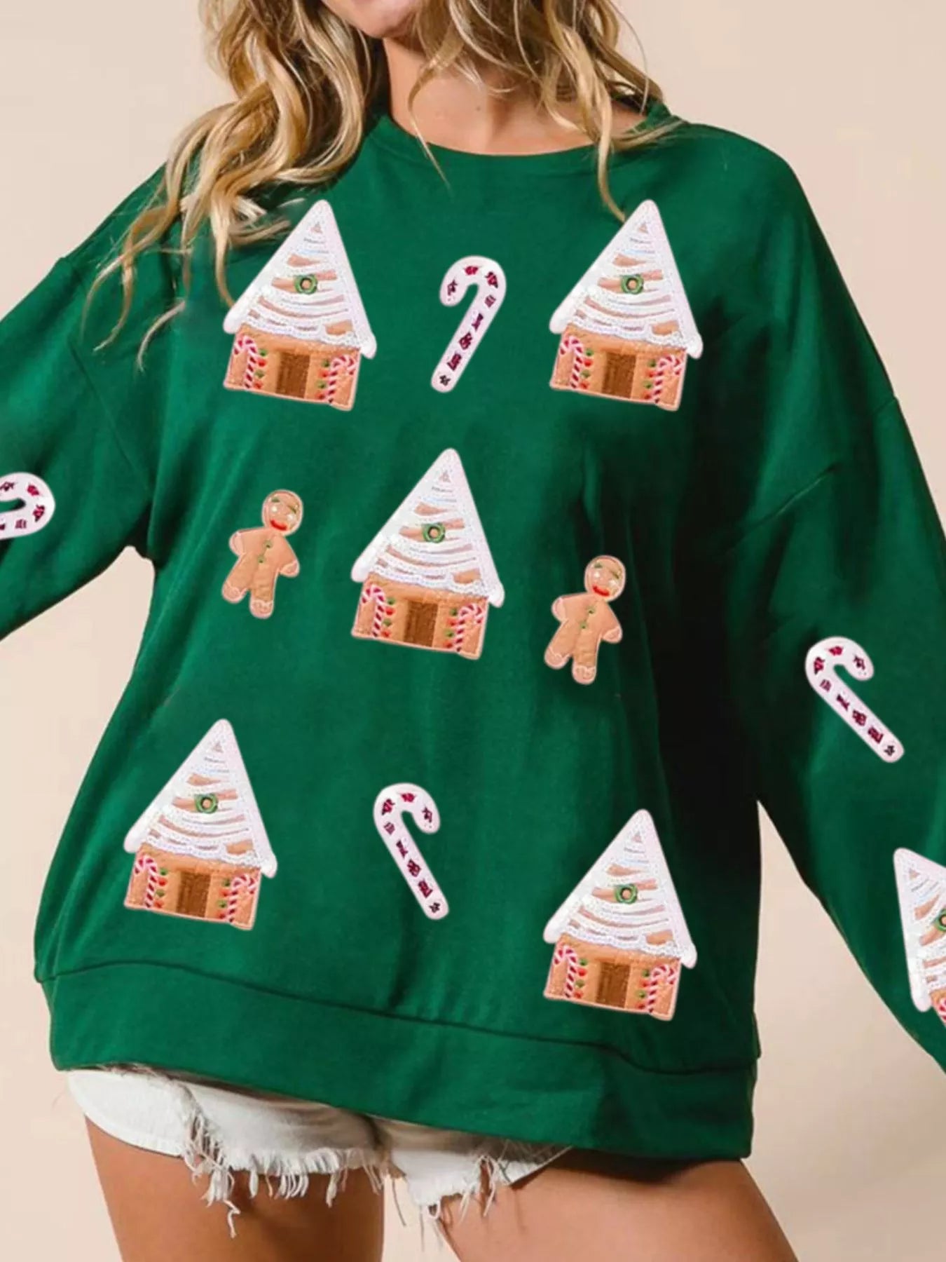 Trendsi Green / S Christmas Gingerbread House Sequin Sweatshirt