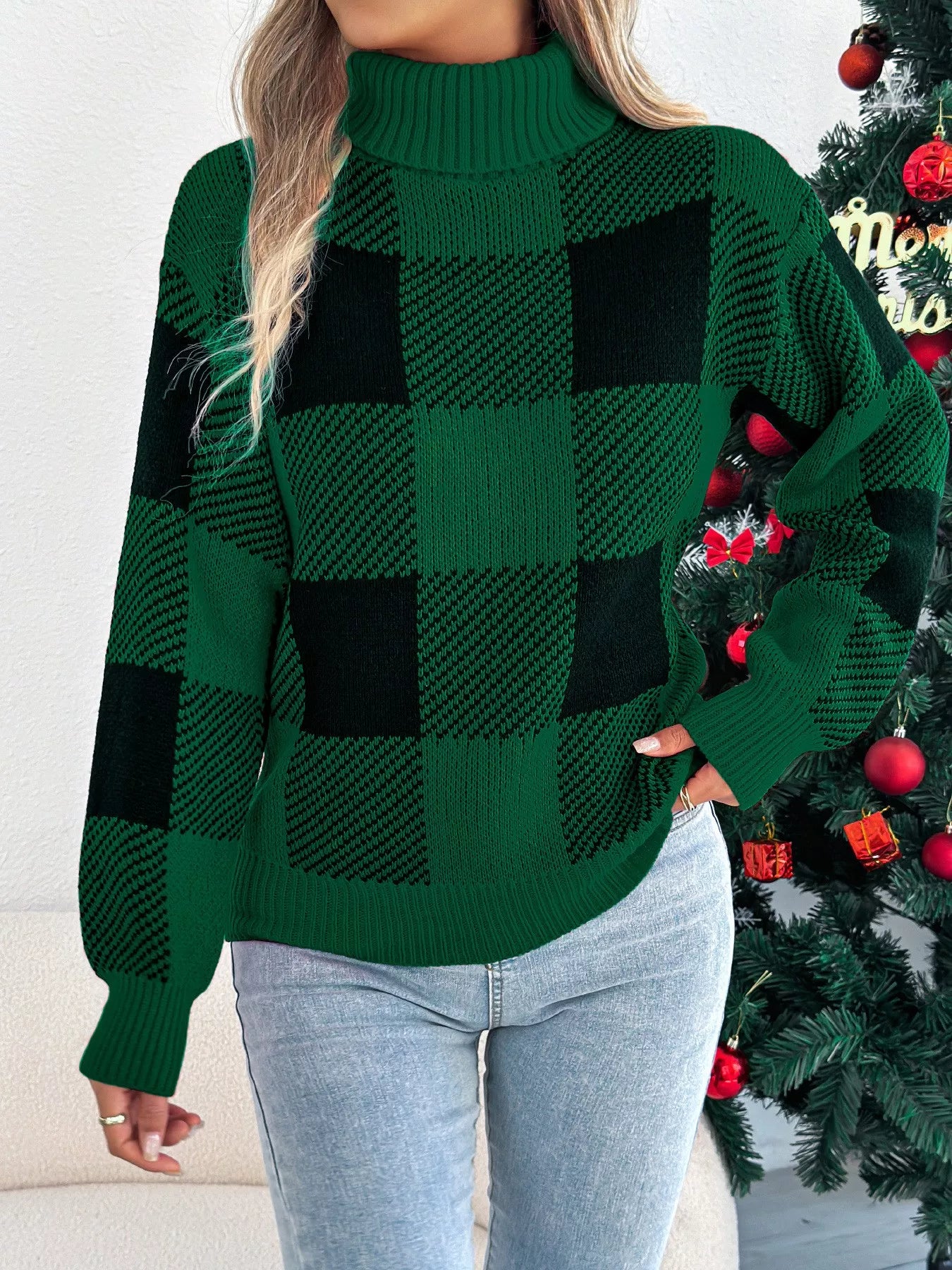 Trendsi Green / S Christmas Plaid Long Sleeve Turtleneck Sweater