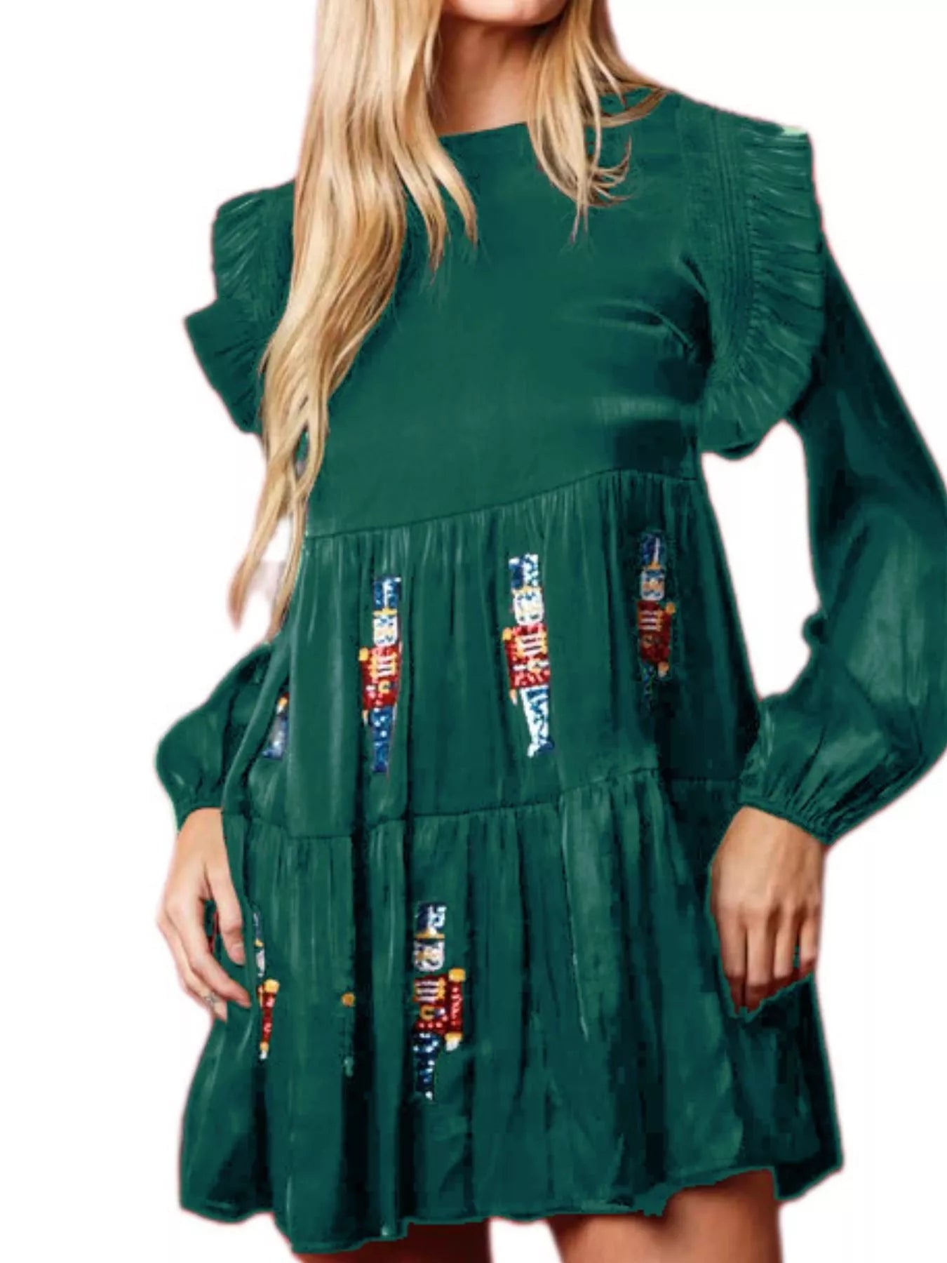 Trendsi Green / S Christmas Ruffled Nutcracker Long Sleeve Dress