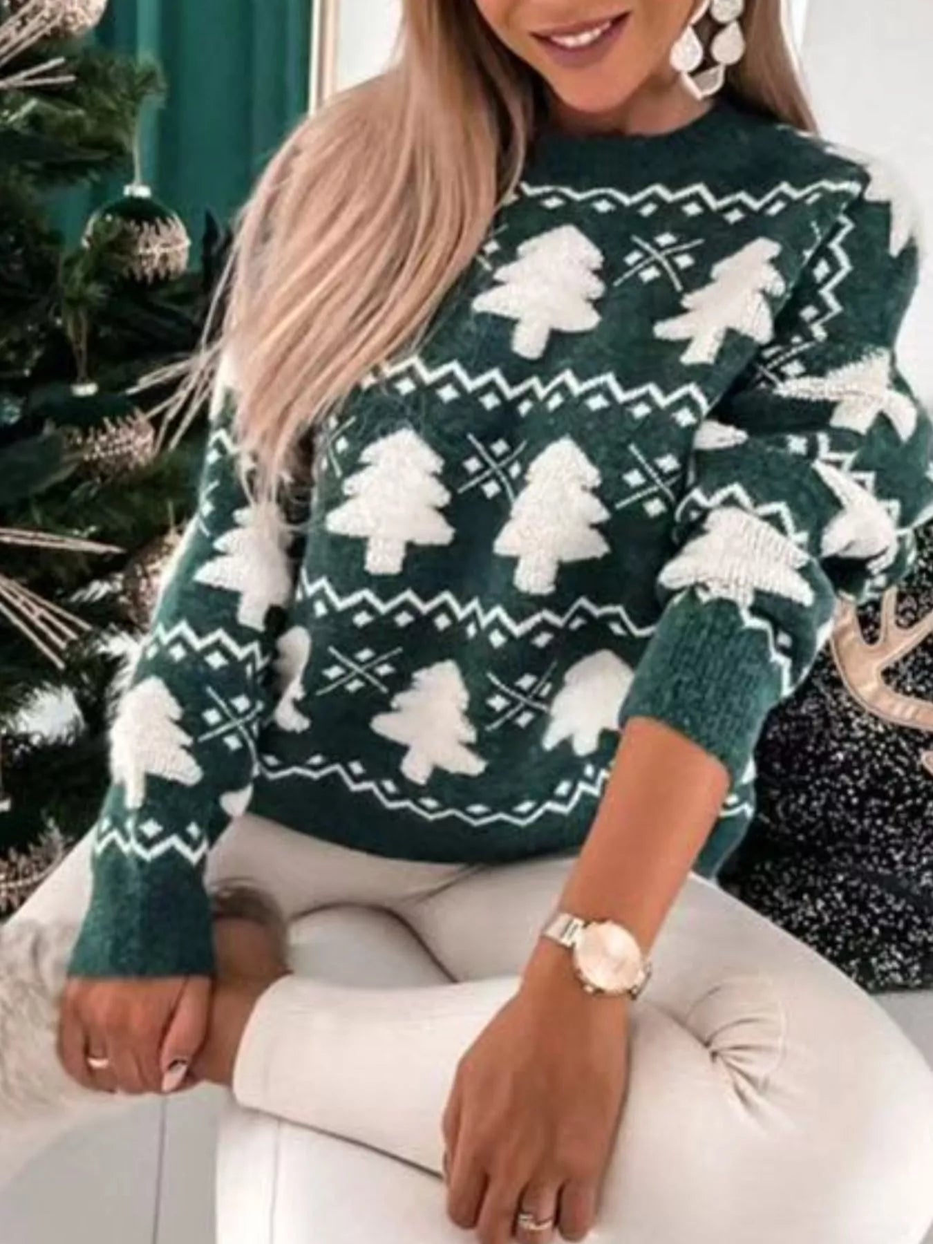 Trendsi Green / S Christmas Tree Pattern Long Sleeve Sweater