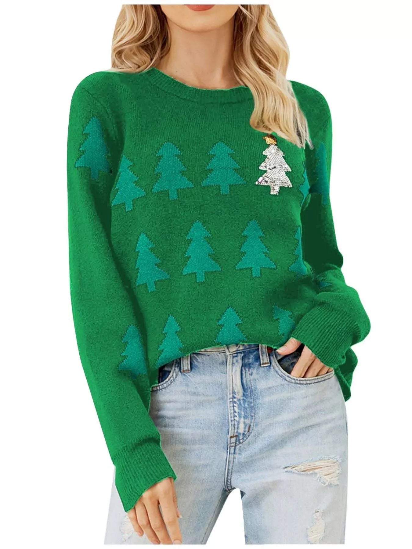 Trendsi Green / S Christmas Tree Pattern Long Sleeve Sweater