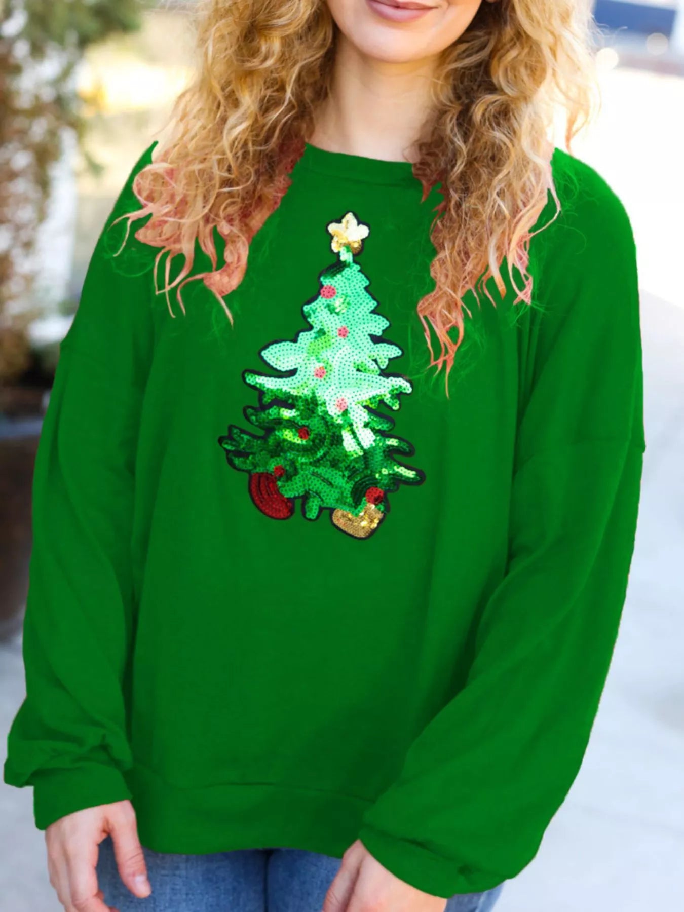 Trendsi Green / S Christmas Tree Sequin Long Sleeve Sweatshirt