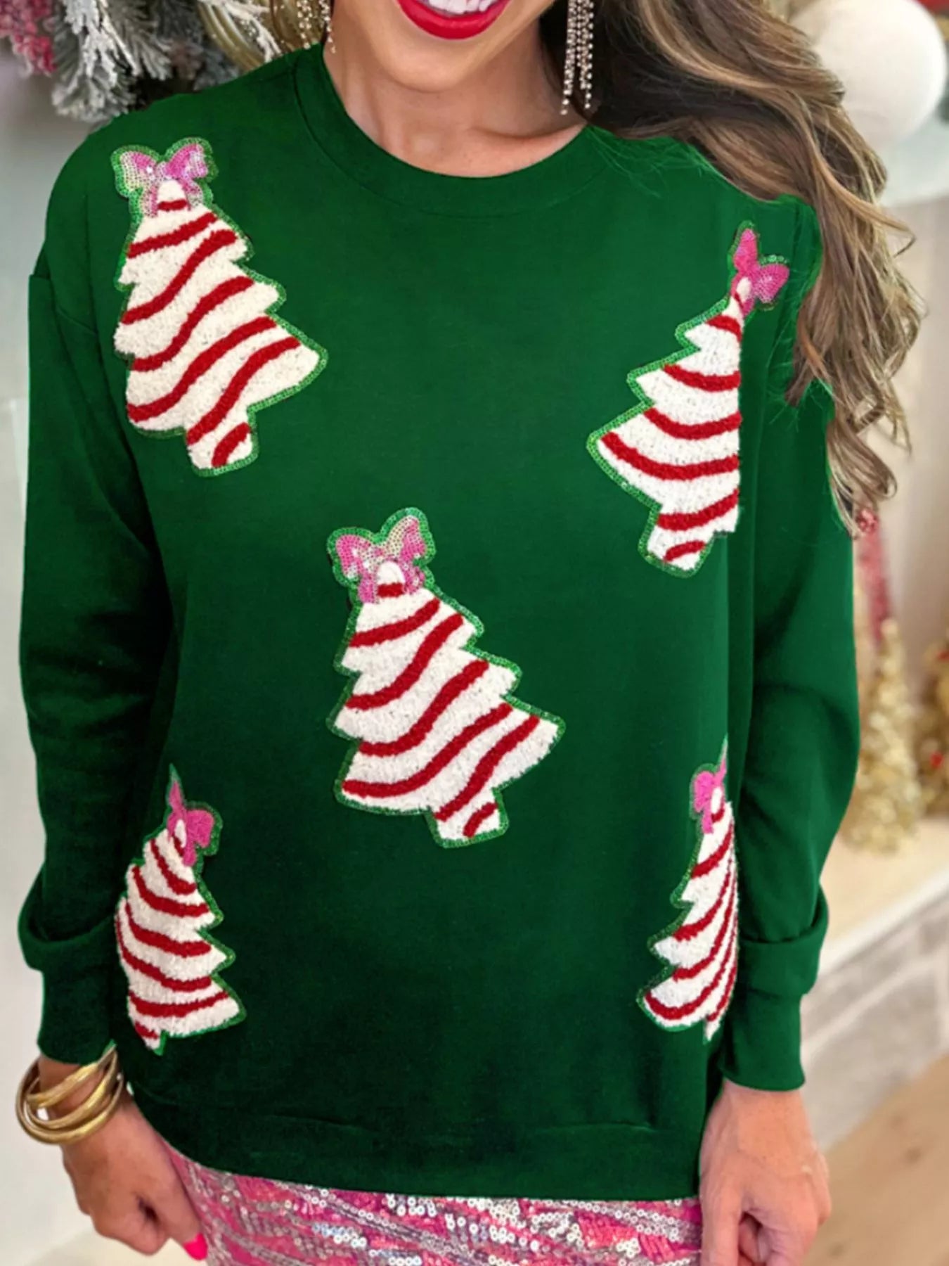 Trendsi Green / S Christmas Tree Sequin Long Sleeve Sweatshirt