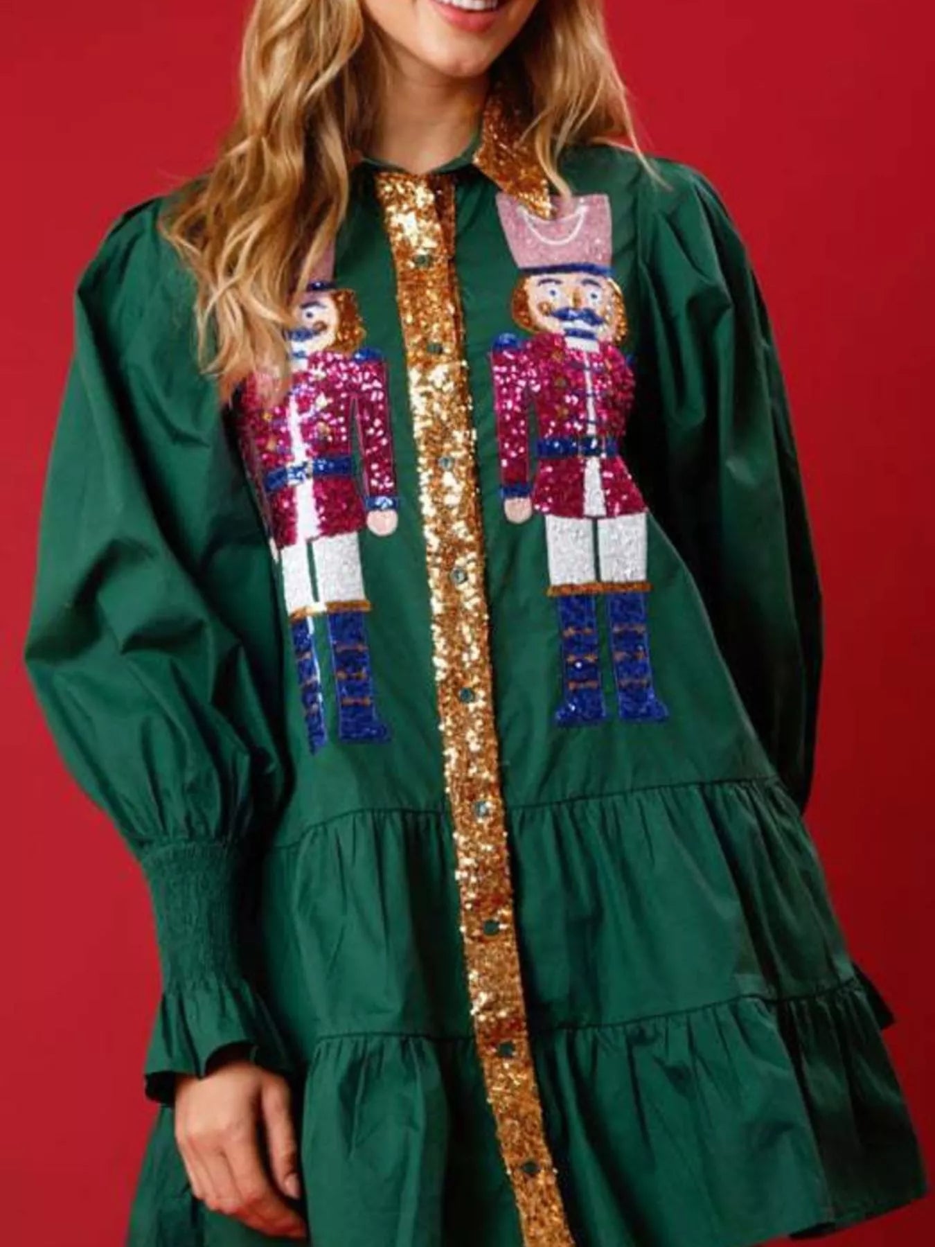 Trendsi Green / S Full Size Christmas Sequin Nutcracker Tiered Shirt Dress Plus Size