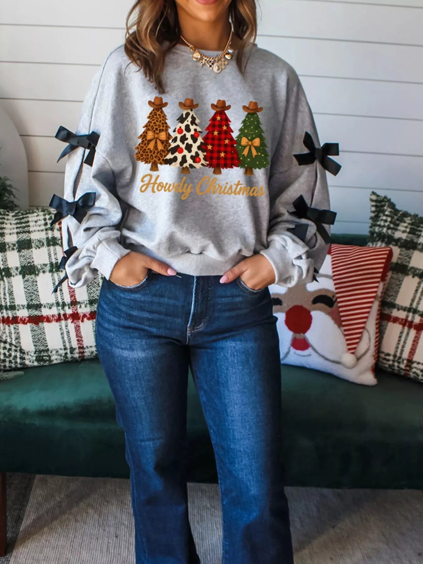 Trendsi Howdy Christmas 4 Trees Ribbon Bow Decor Sweatshirt
