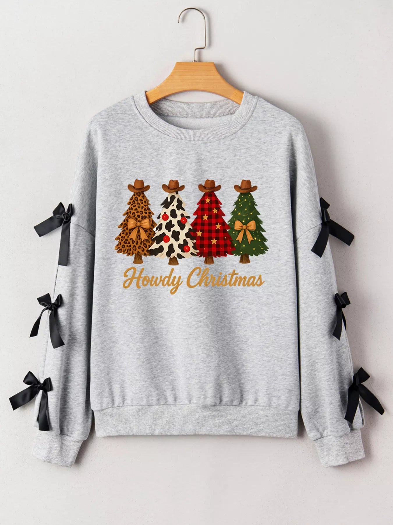 Trendsi Howdy Christmas 4 Trees Ribbon Bow Decor Sweatshirt