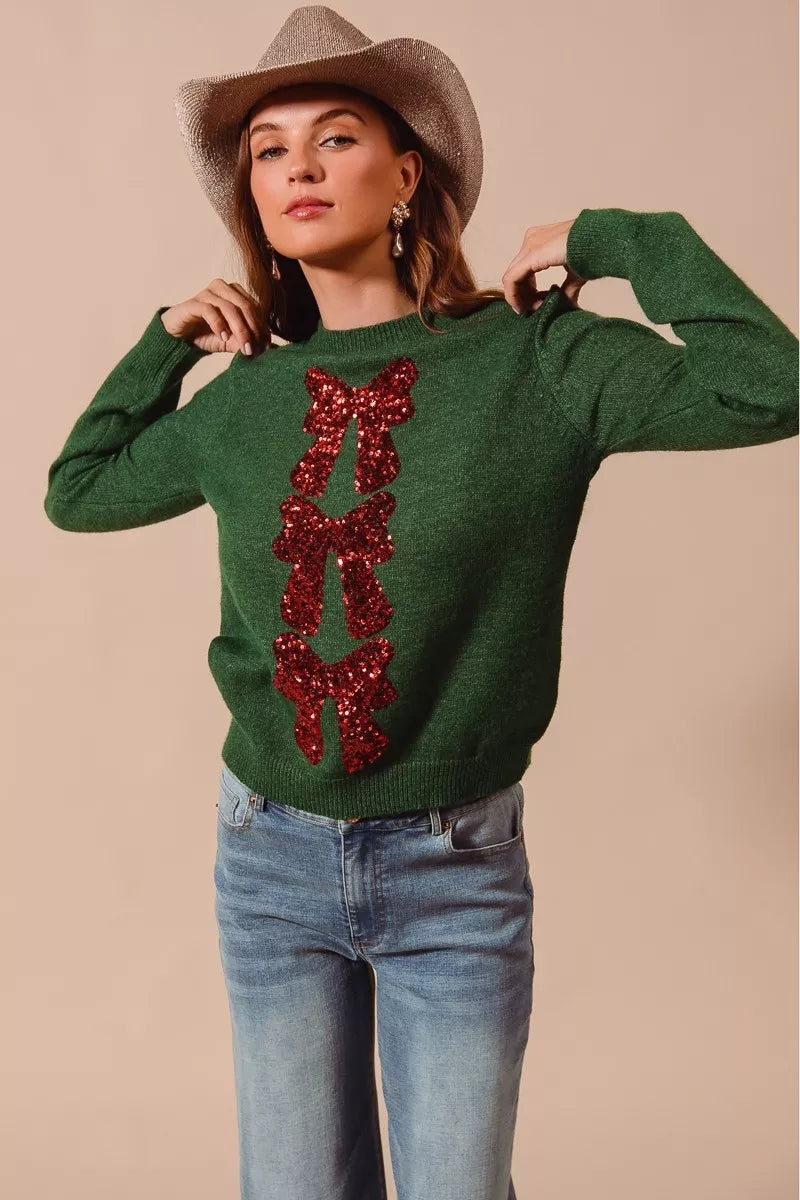 Trendsi HUNTER/RED / S SO ME Sequins Bow Ribbon Embellished Christmas Sweater