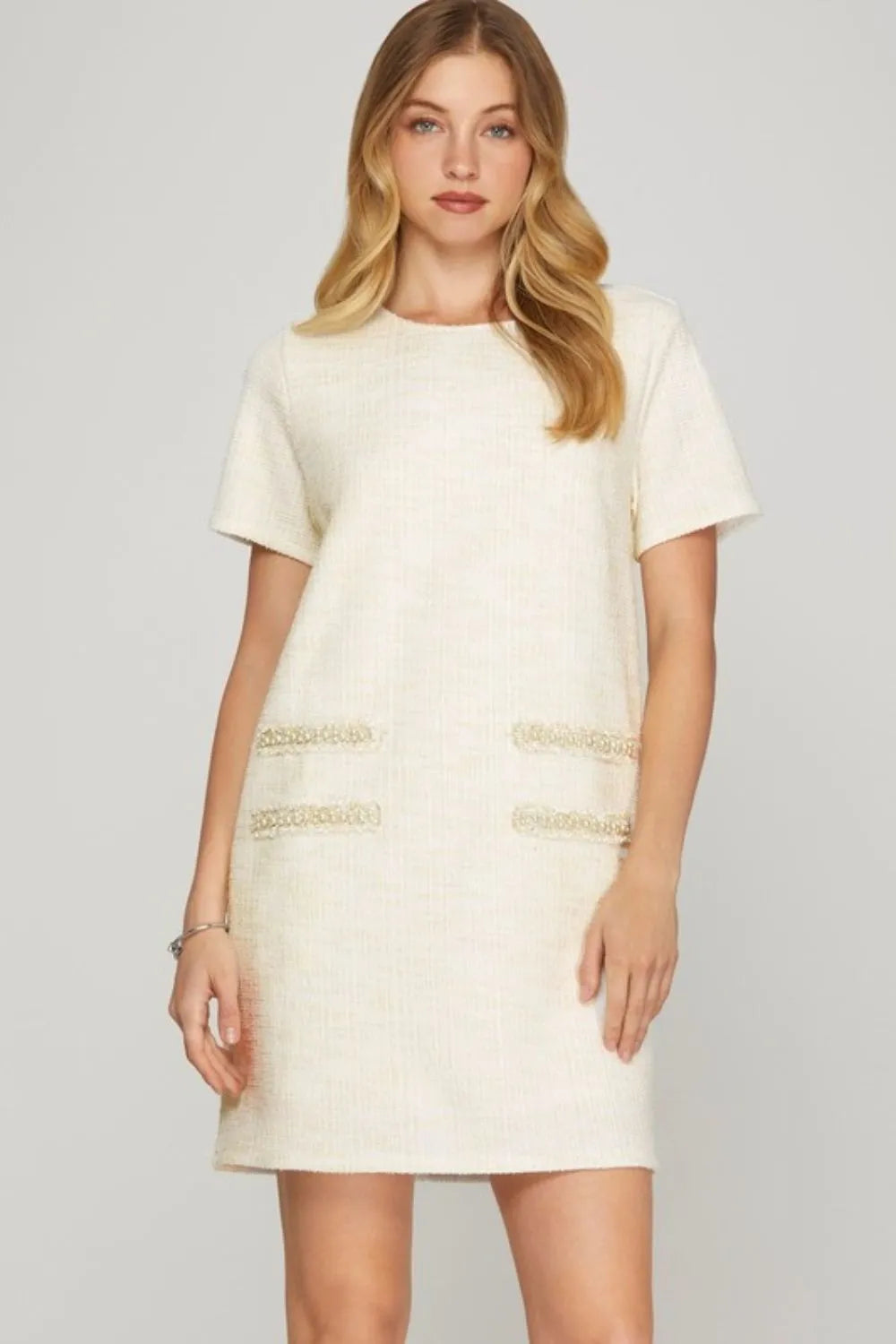 Trendsi Ivory / S She + Sky Full Size Short Sleeve Pearl Studded Trim Knit Tweed Dress Plus Size