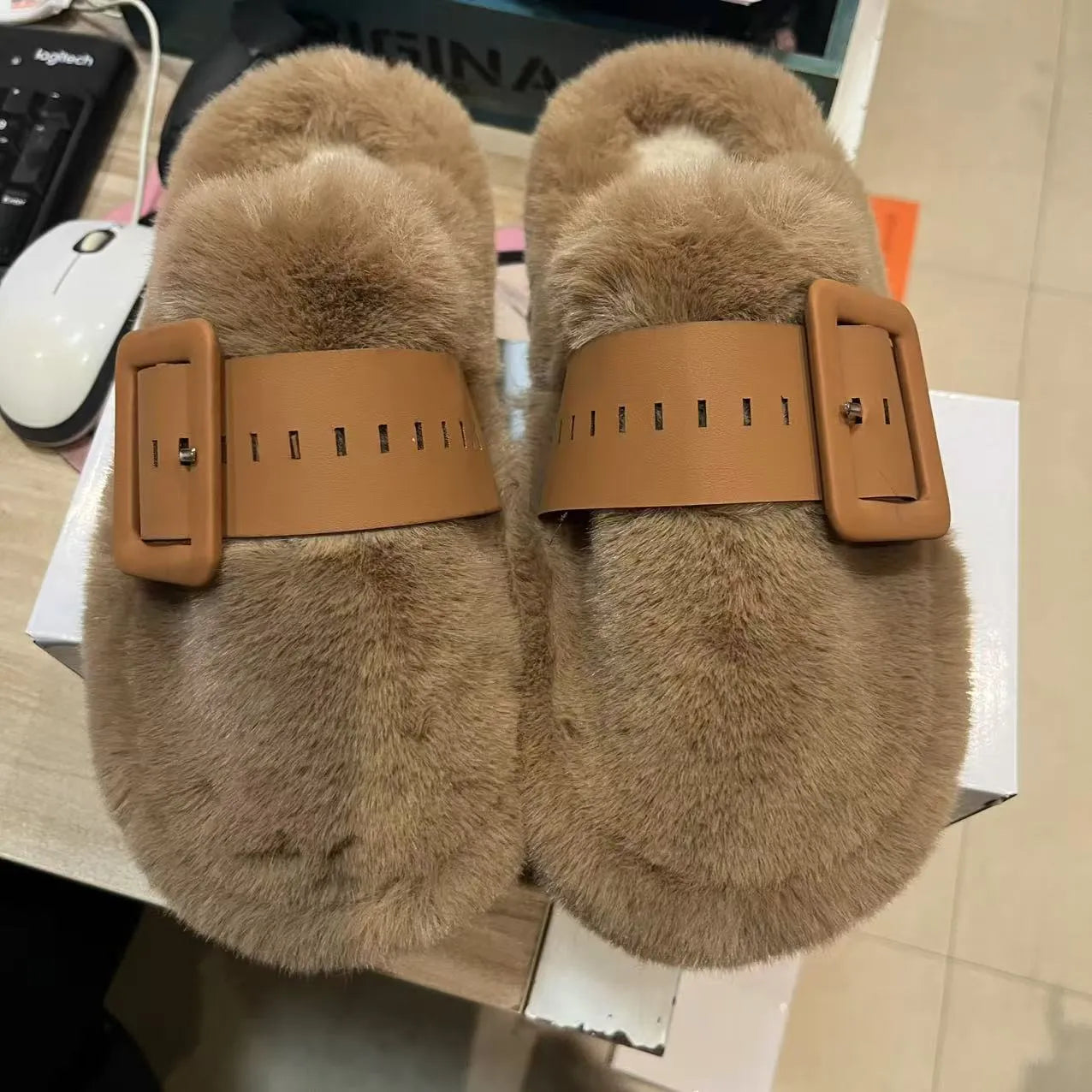 Trendsi Khaki / 35 Faux Fur Buckle Slippers