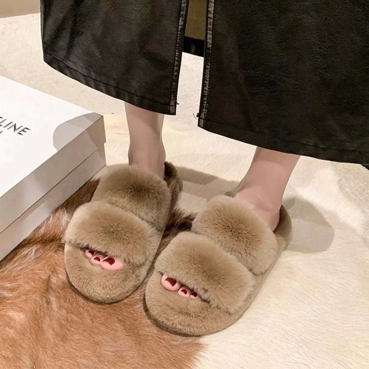 Trendsi Khaki / 35 Fluffy Open Toe Slippers