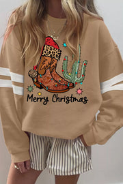 Trendsi Khaki / S Merry Christmas Cowboy Boot Cactus Casual Sweatshirt