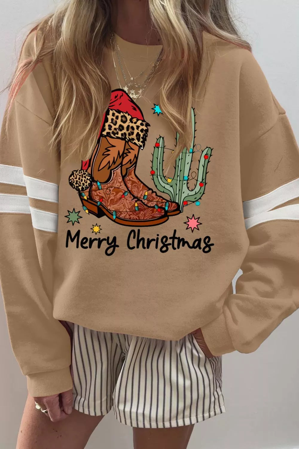 Trendsi Khaki / S Merry Christmas Cowboy Boot Cactus Casual Sweatshirt