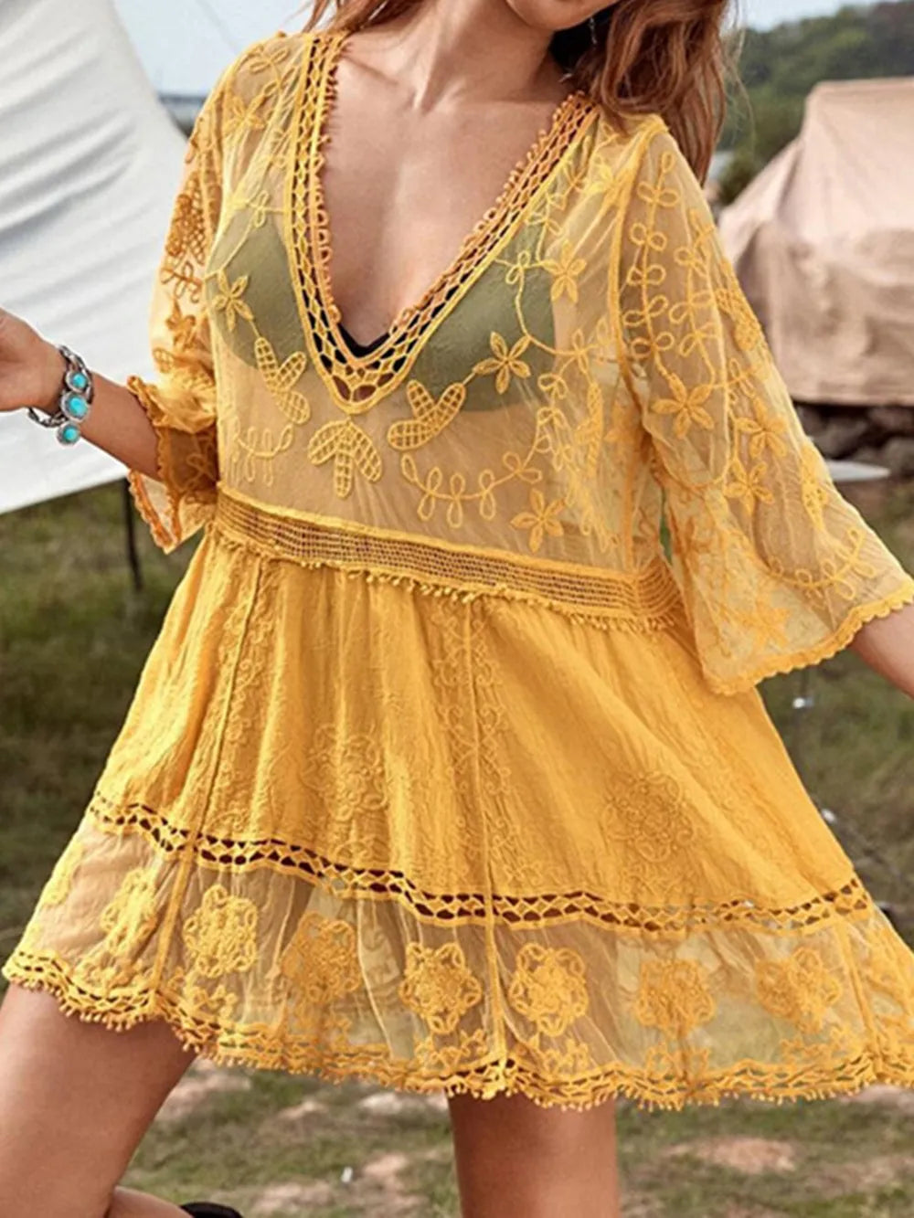 Trendsi Lace Detail Plunge Cover-Up Dress