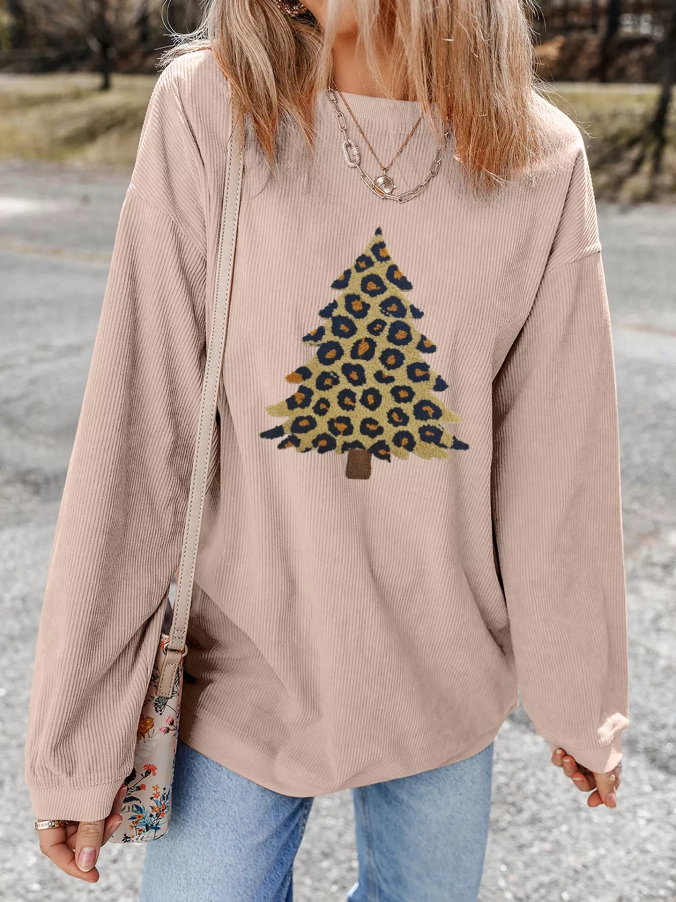 Trendsi Leopard Christmas Tree Graphic Corded Sweatshirt