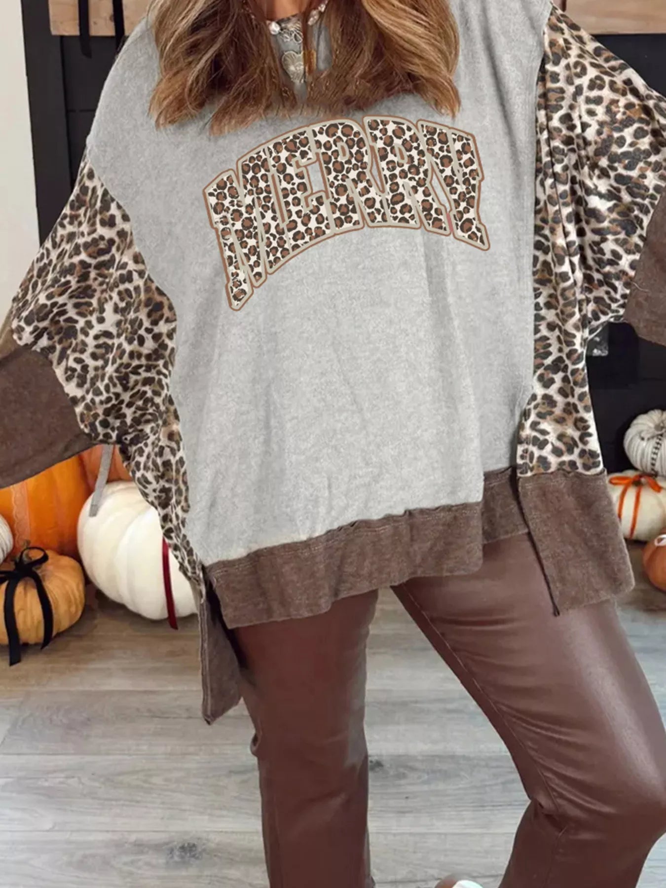Trendsi Leopard / S Color Block Leopard Contrast Letter Graphic Christmas Sweatshirt