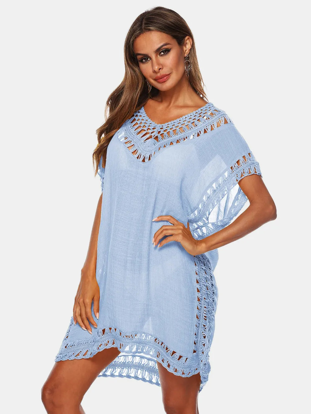 Trendsi Light Blue / One Size Cutout V-Neck Short Sleeve Cover-Up