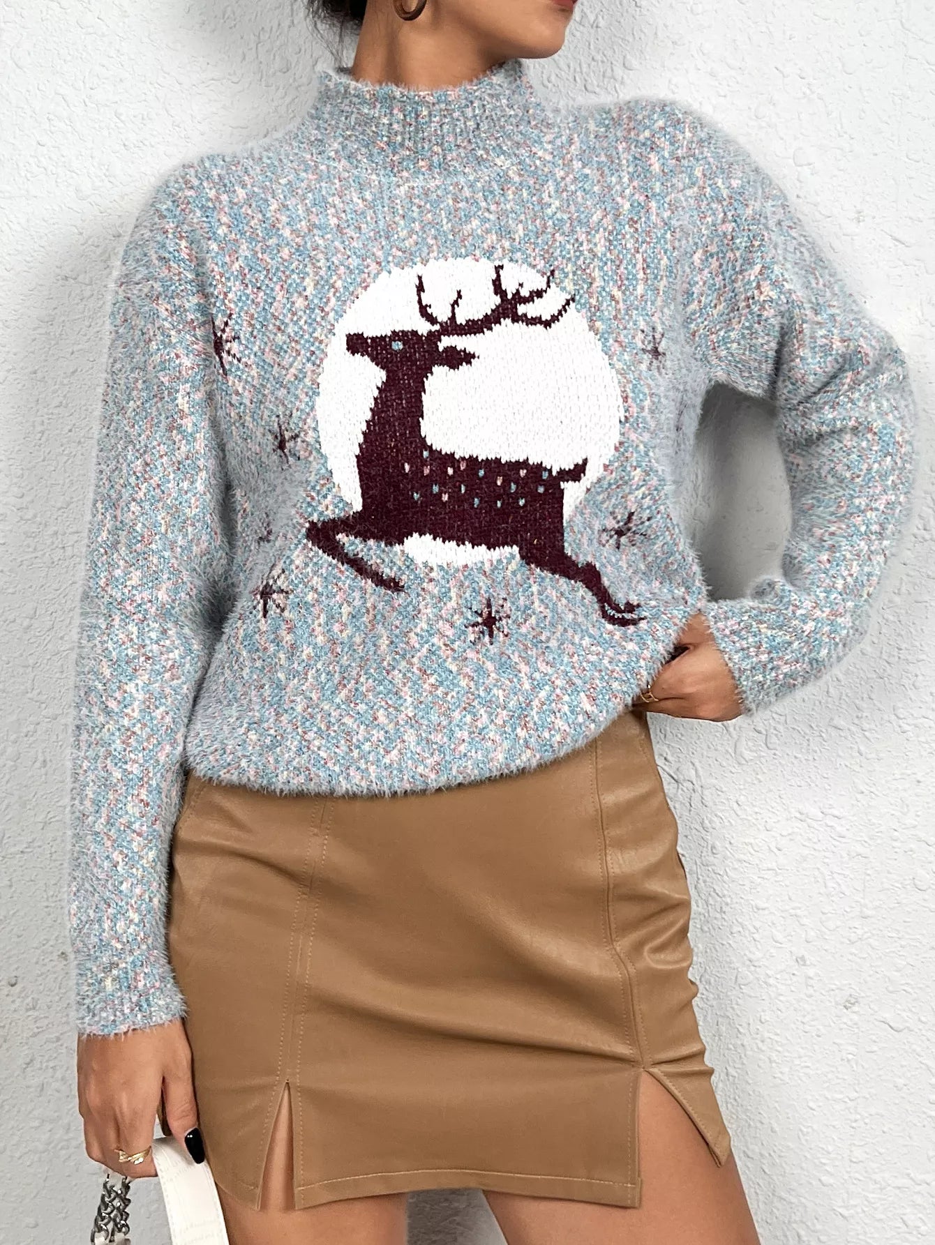 Trendsi Light Blue / S Christmas Reindeer Long Sleeve Sweater