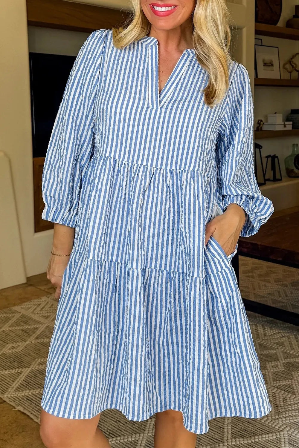 Trendsi Light Blue / S Stripe Tiered Shift Dress with Pockets