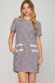Trendsi Lilac / S She + Sky Full Size Short Sleeve Pearl Studded Trim Knit Tweed Dress Plus Size